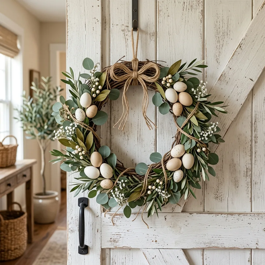 Neutral farmhouse Easter egg wreath with eucalyptus